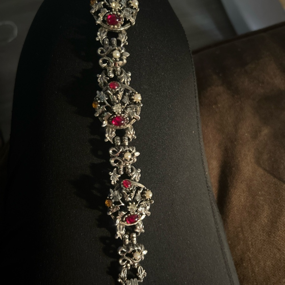 Vintage Silver and Red Ornate Bracelet